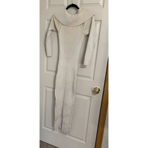 Off the Shoulder Anthropologie Dress Womens Medium Tan Cream Ribbed Body Hugging - Picture 6 of 6